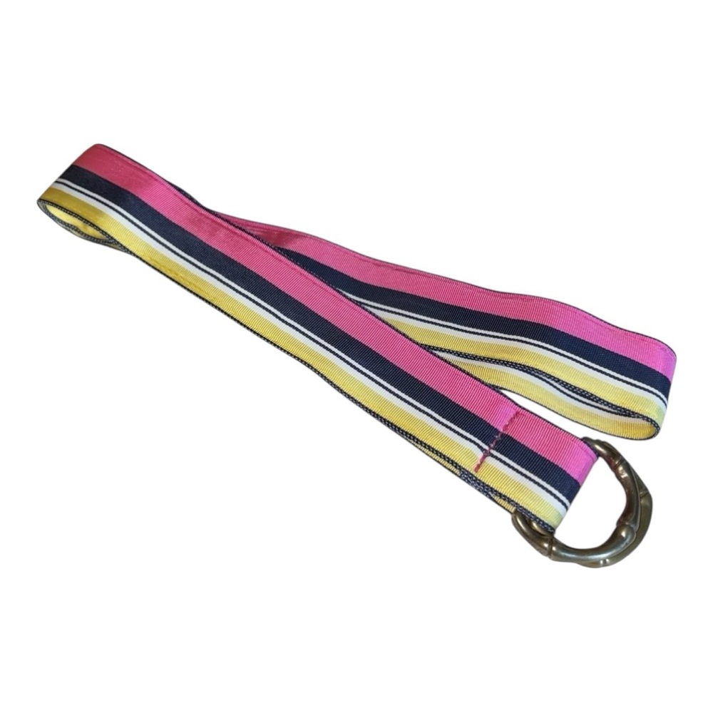J.Crew Multicolor Striped Ribbon Antique Gold Bamboo Pattern D-Ring Belt B99